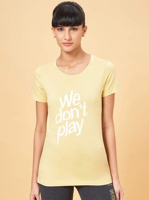ajile by pantaloons dusty yellow cotton printed sports t-shirt