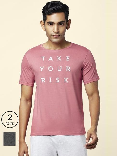 ajile by pantaloons grey & pink cotton regular fit t-shirt - pack of 2