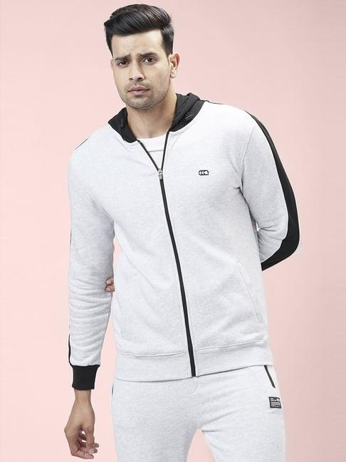 ajile by pantaloons light grey slim fit colour block hooded sweatshirt