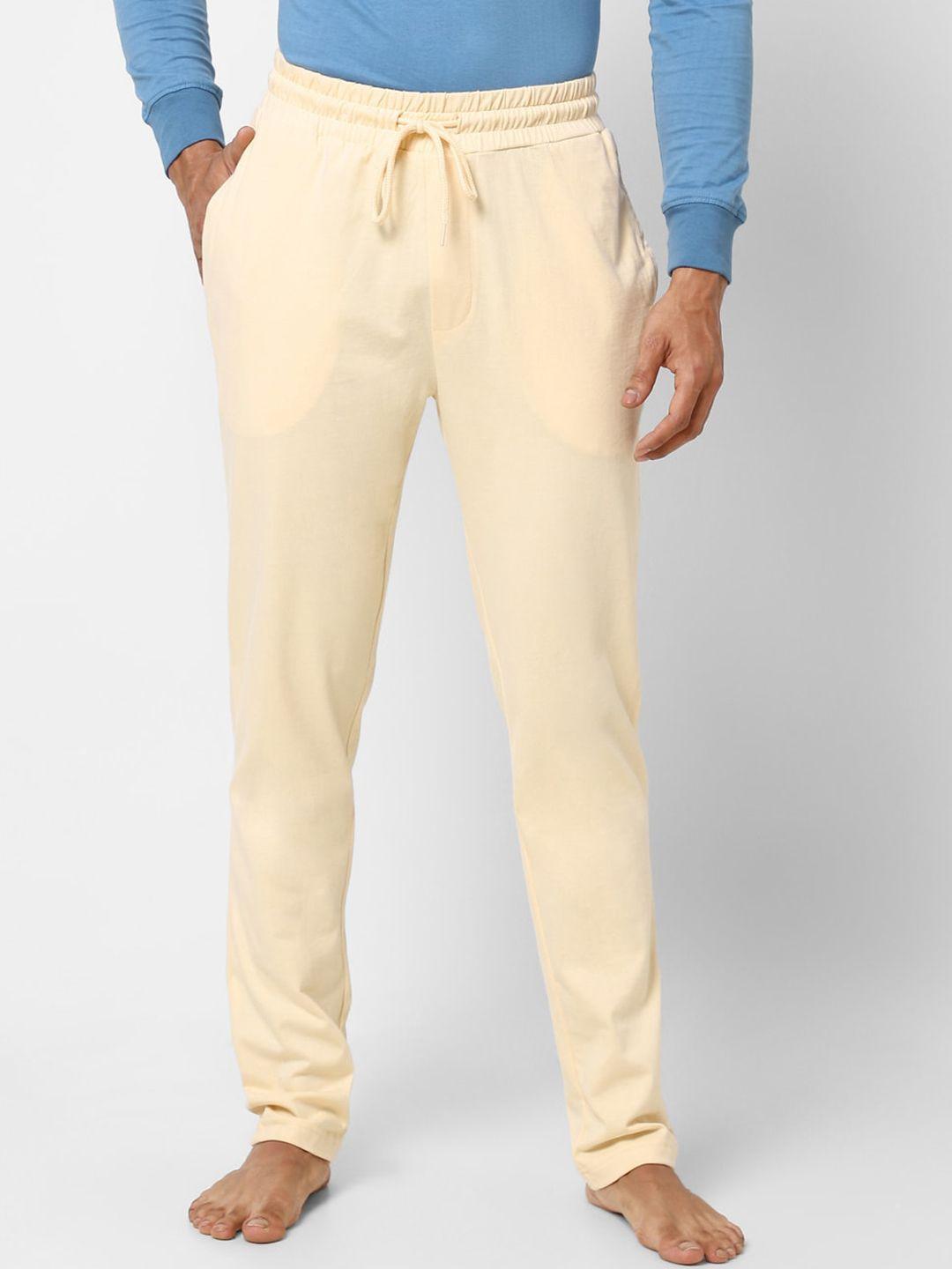 ajile by pantaloons men beige solid cotton lounge pants