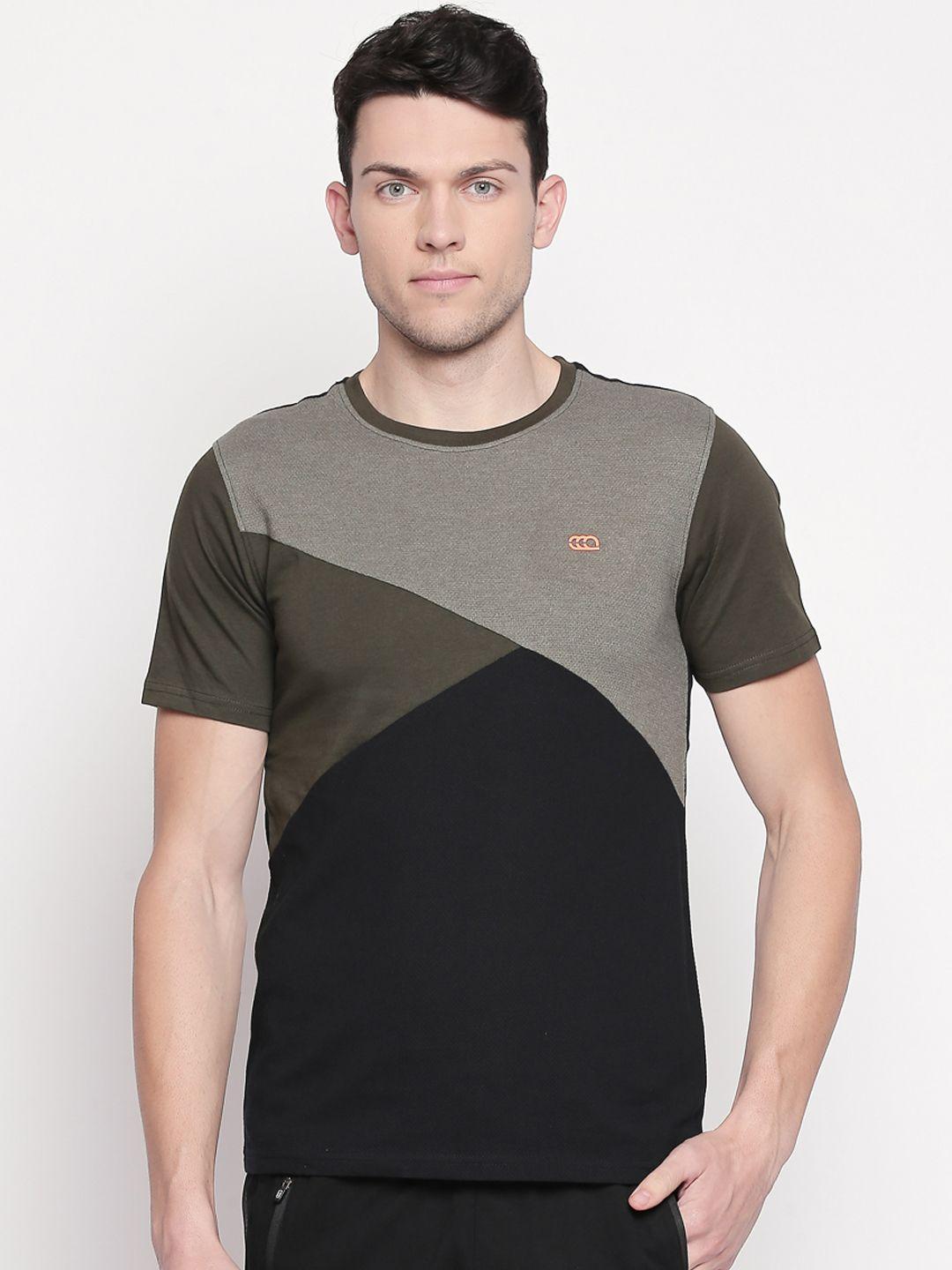 ajile by pantaloons men black & olive colourblocked round neck t-shirt