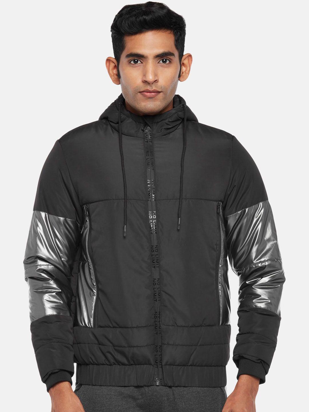 ajile by pantaloons men black & silver-toned hooded sporty jacket