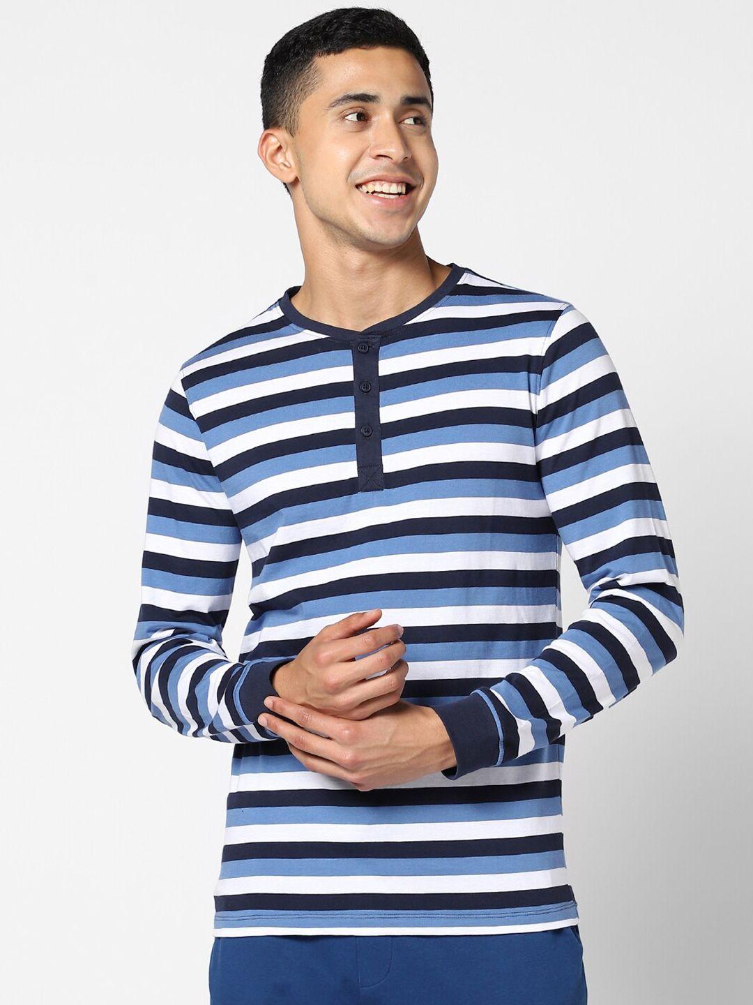 ajile by pantaloons men blue & white striped henley neck slim fit  cotton t-shirt