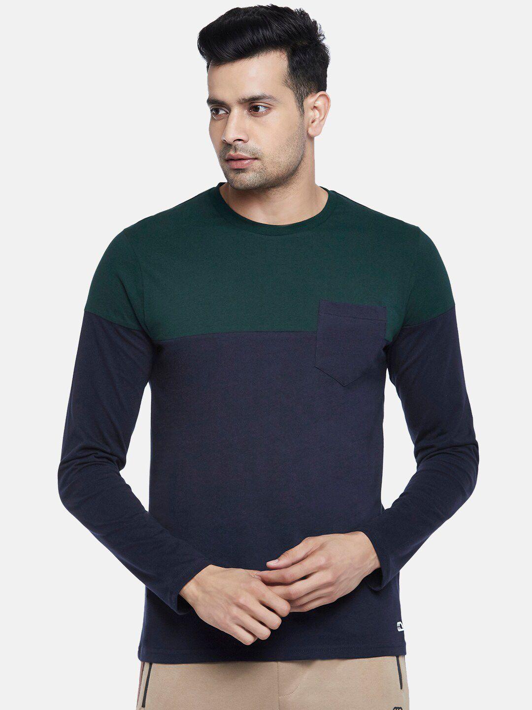 ajile by pantaloons men green & navy blue colorblocked pure cotton slim fit t-shirt