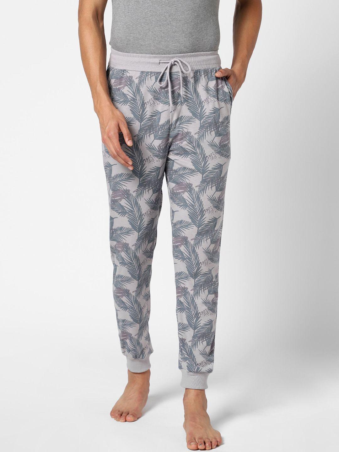 ajile by pantaloons men grey floral slim fit cotton lounge pants