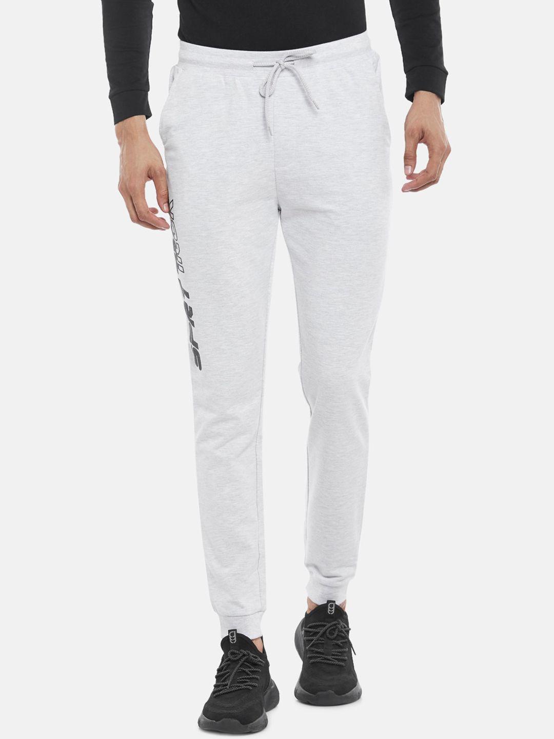ajile by pantaloons men grey melange typography printed pure cotton slim-fit joggers