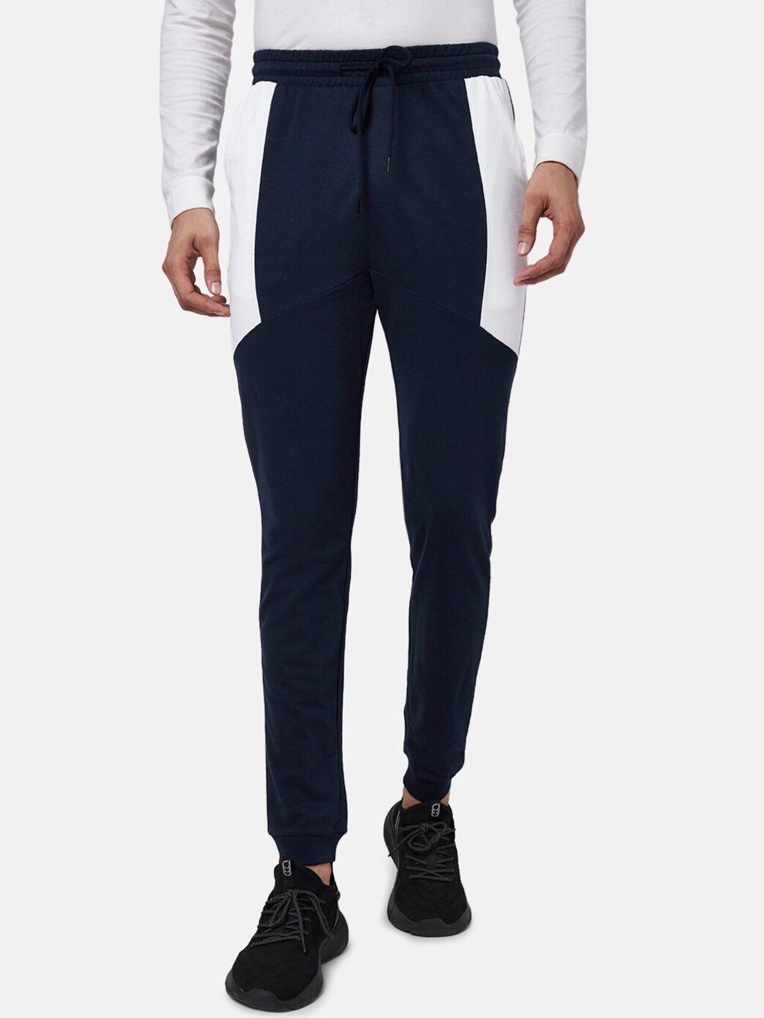 ajile by pantaloons men navy blue & white color blocked cotton joggers