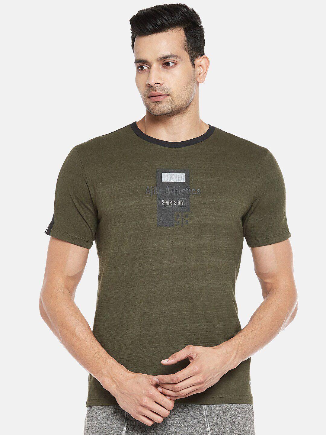 ajile by pantaloons men olive & grey graphic printed slim fit t-shirt