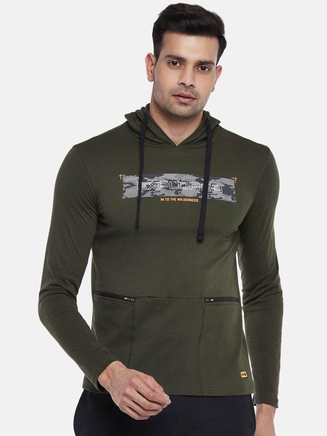 ajile by pantaloons men olive green & yellow printed pure cotton hooded t-shirt