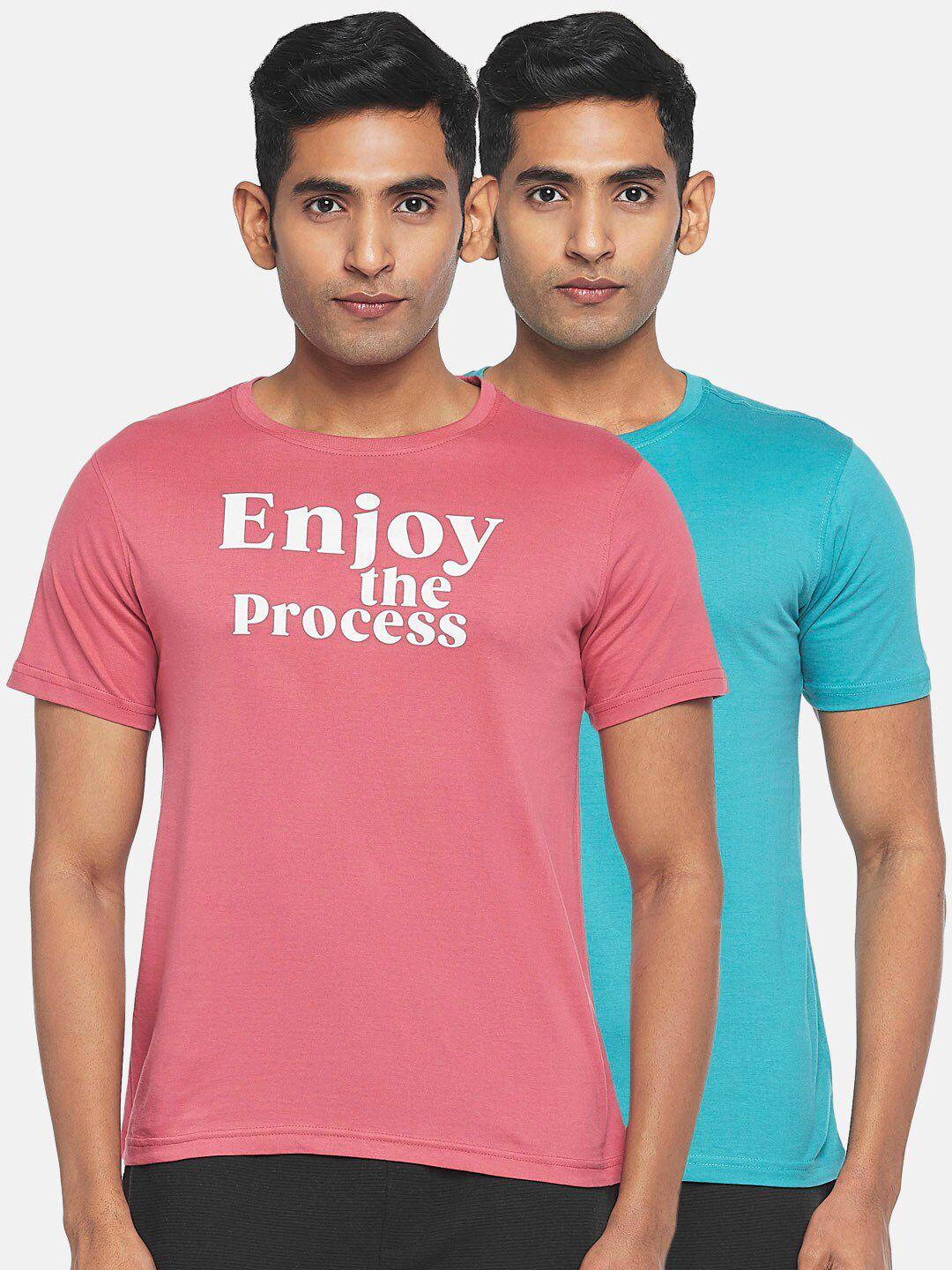 ajile by pantaloons men peach & blue 2 typography printed cotton t-shirts