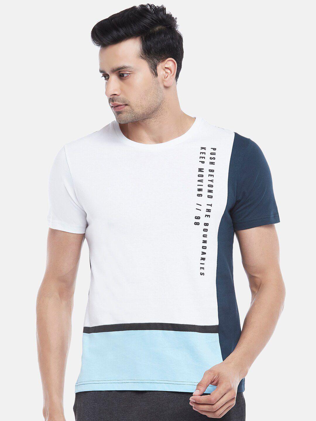 ajile by pantaloons men white & blue colourblocked slim fit t-shirt