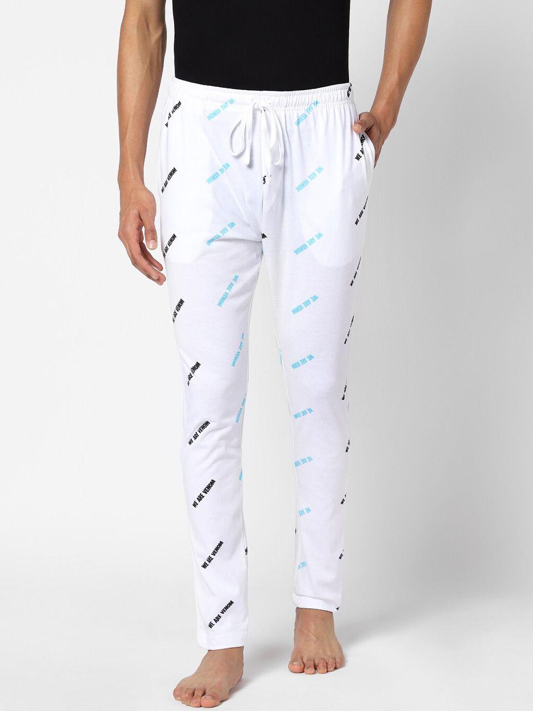 ajile by pantaloons men white & blue printed cotton lounge pants