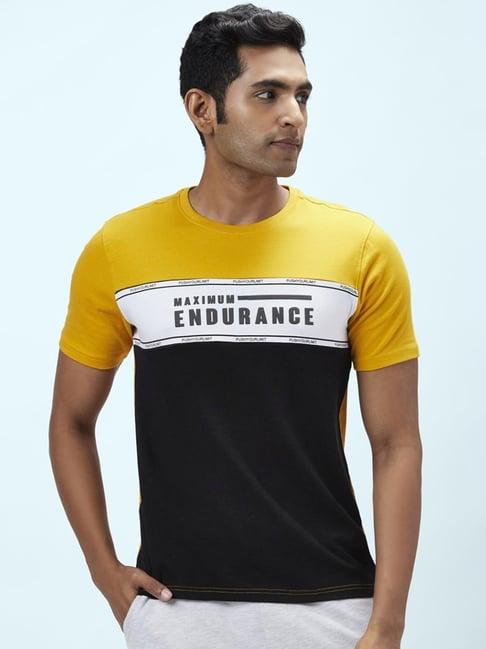 ajile by pantaloons mustard cotton slim fit colour block t-shirt