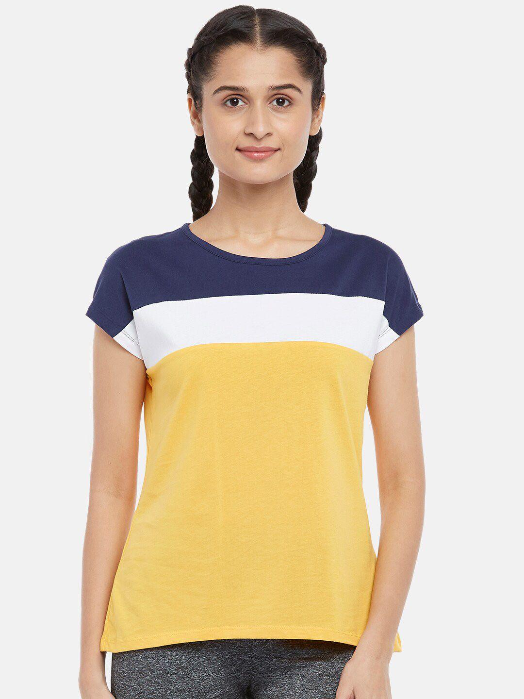 ajile by pantaloons mustard yellow pure cotton colourblocked top