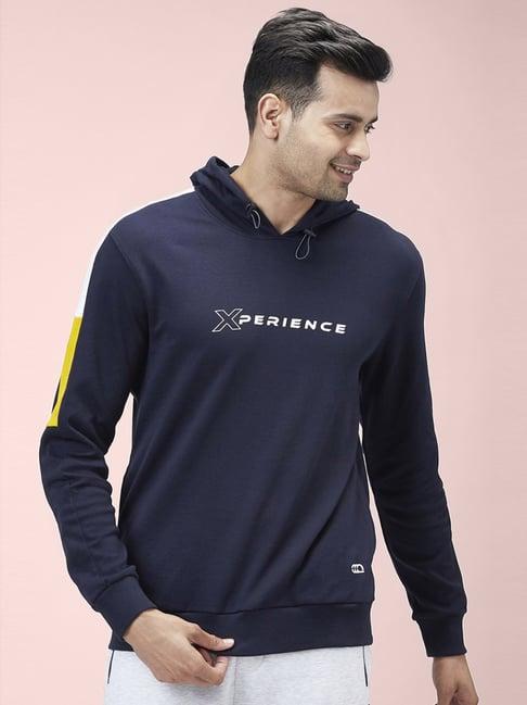 ajile by pantaloons navy slim fit printed hooded sweatshirt