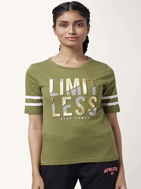 ajile by pantaloons olive green cotton graphic print sports t-shirt