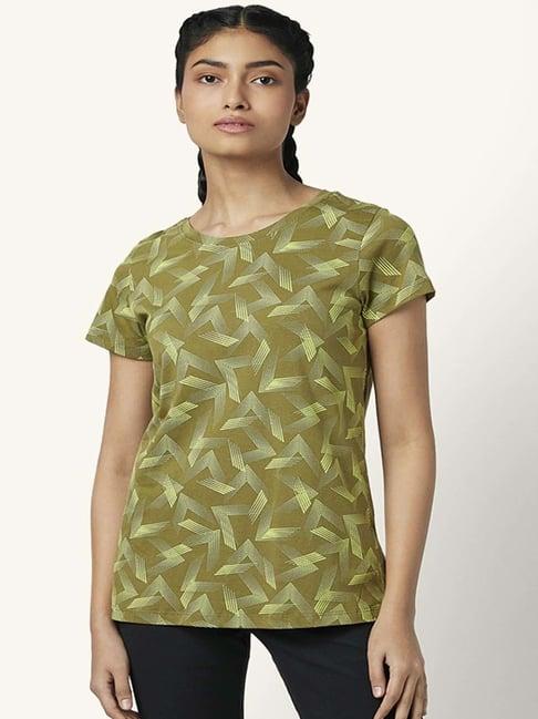 ajile by pantaloons olive green cotton printed sports t-shirt