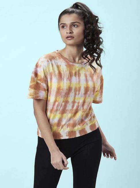 ajile by pantaloons rust & yellow cotton printed sports top