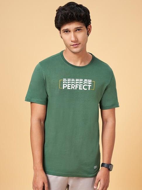 ajile by pantaloons sage green cotton slim fit printed t-shirt