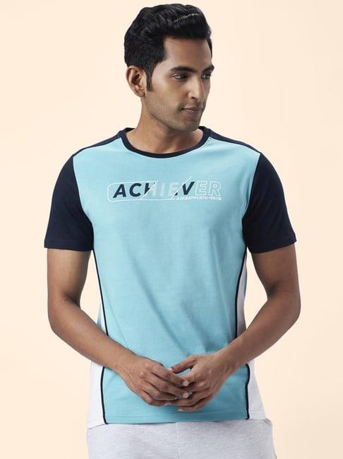 ajile by pantaloons sky blue cotton slim fit colour block t-shirt