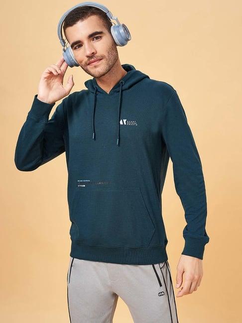 ajile by pantaloons teal slim fit printed hooded sweatshirt