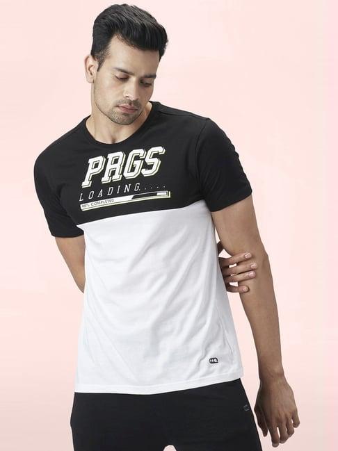 ajile by pantaloons white & black cotton slim fit colour block t-shirt