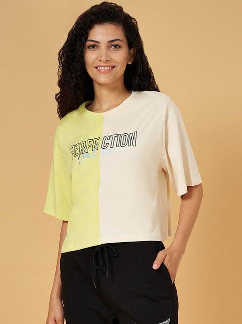 ajile by pantaloons white & yellow cotton graphic print sports t-shirt