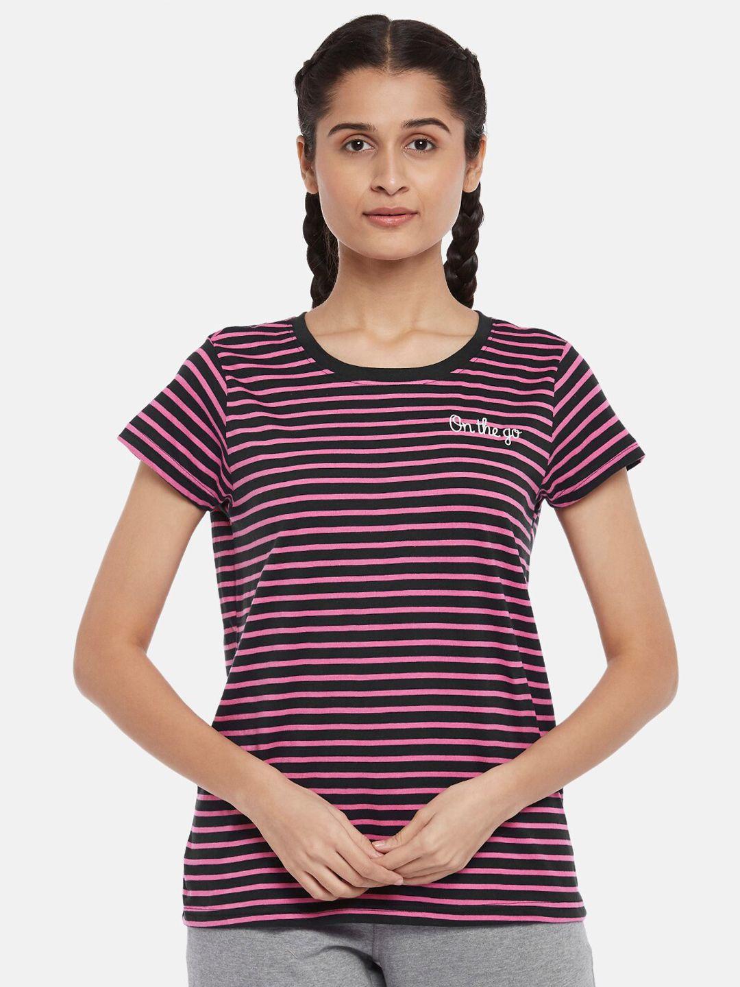 ajile by pantaloons women black striped pure cotton t-shirt