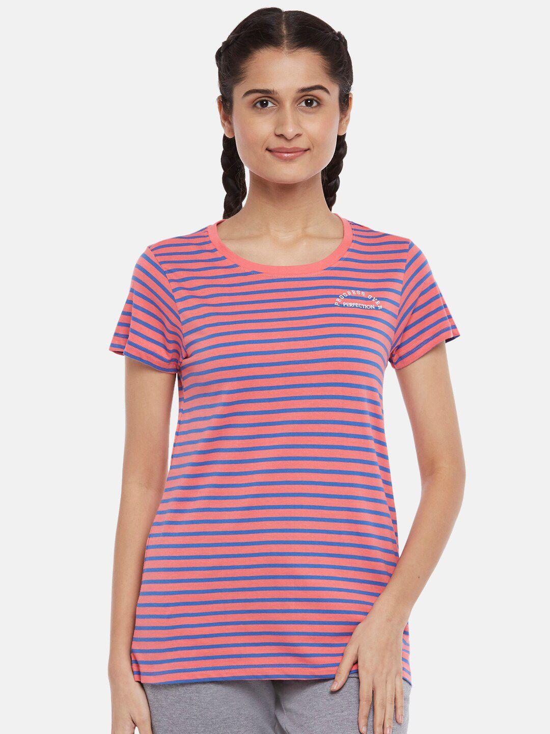 ajile by pantaloons women coral & blue striped pure cotton round neck t-shirt