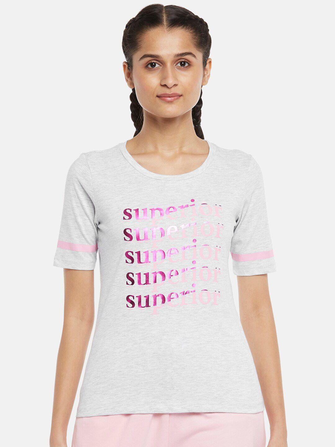 ajile by pantaloons women grey melange & pink typography printed t-shirt