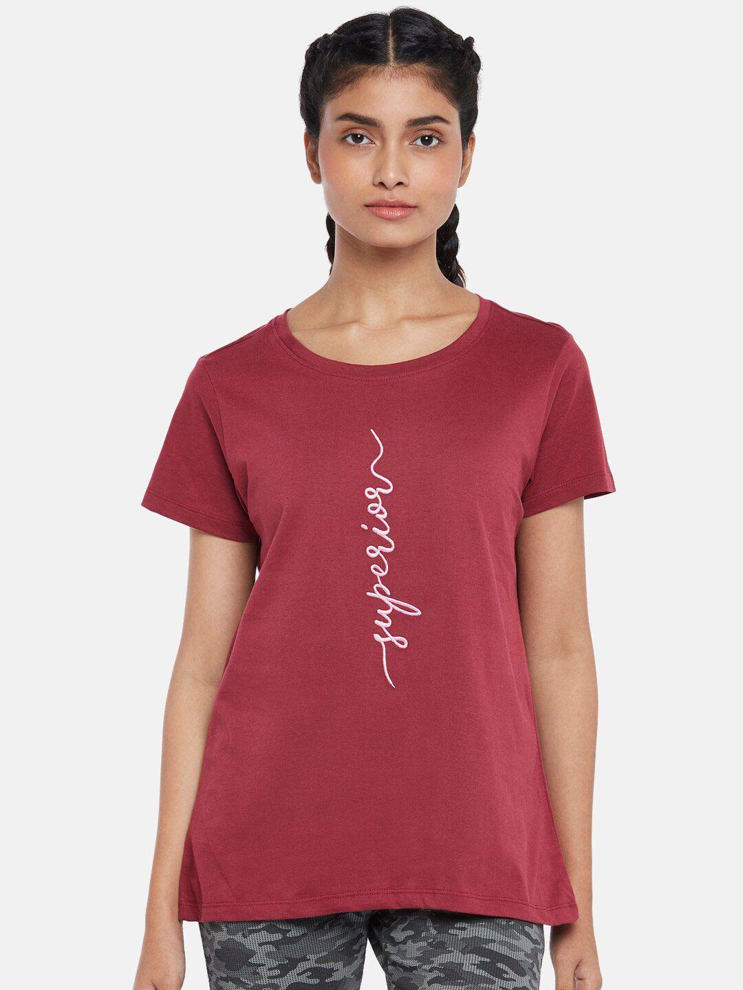 ajile by pantaloons women maroon typography printed raw edge cotton t-shirt