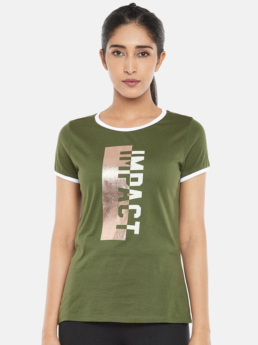 ajile by pantaloons women olive green & white typography printed t-shirt