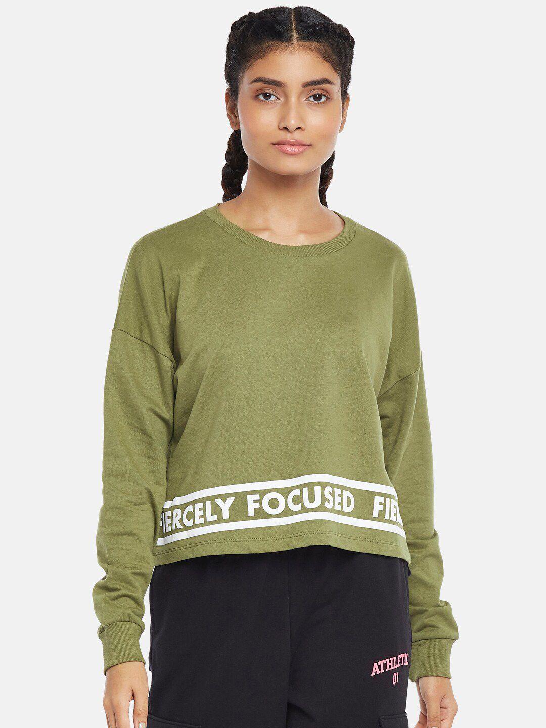 ajile by pantaloons women olive green printed sweatshirt