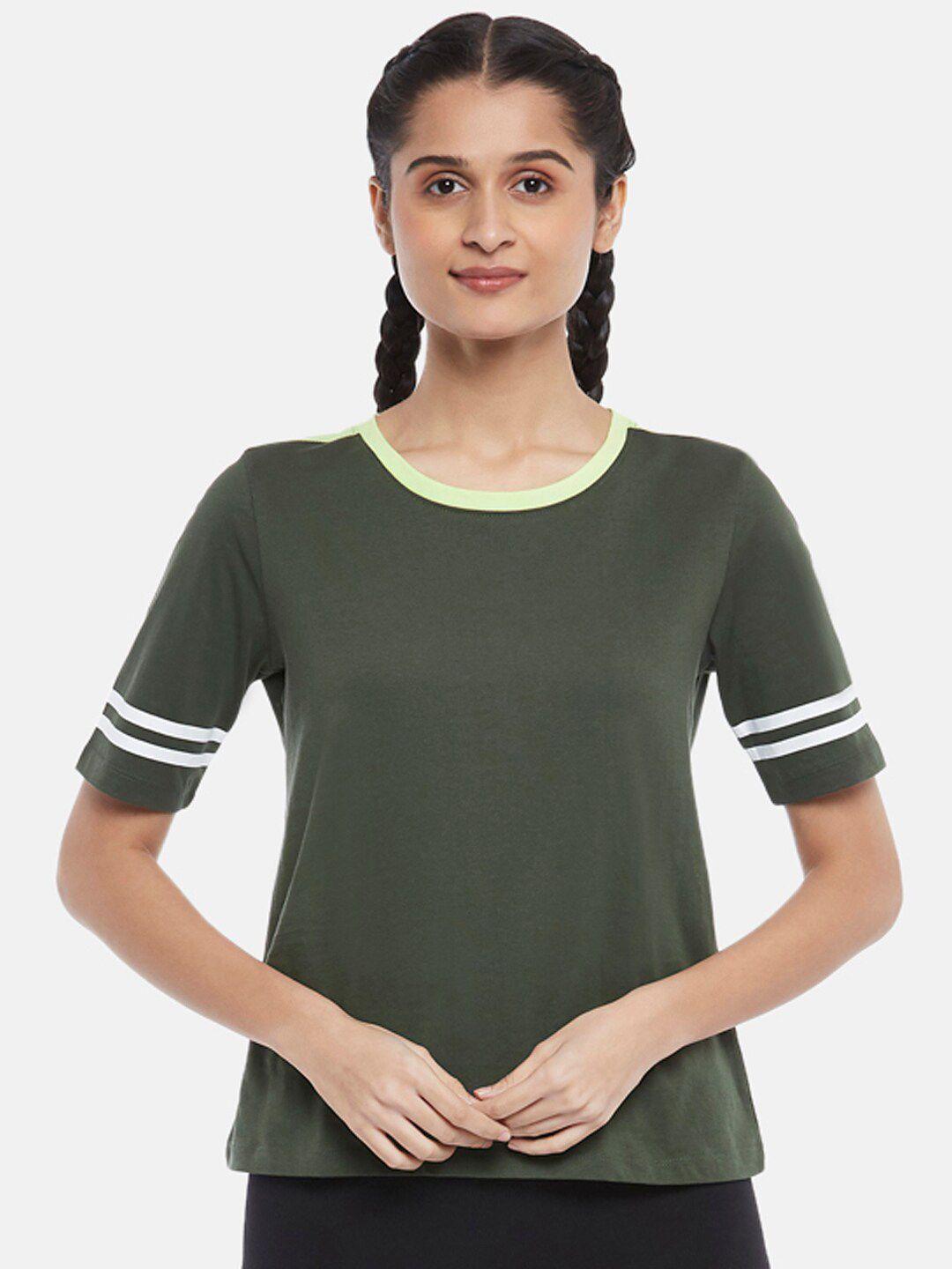 ajile by pantaloons women olive solid round neck pure cotton top