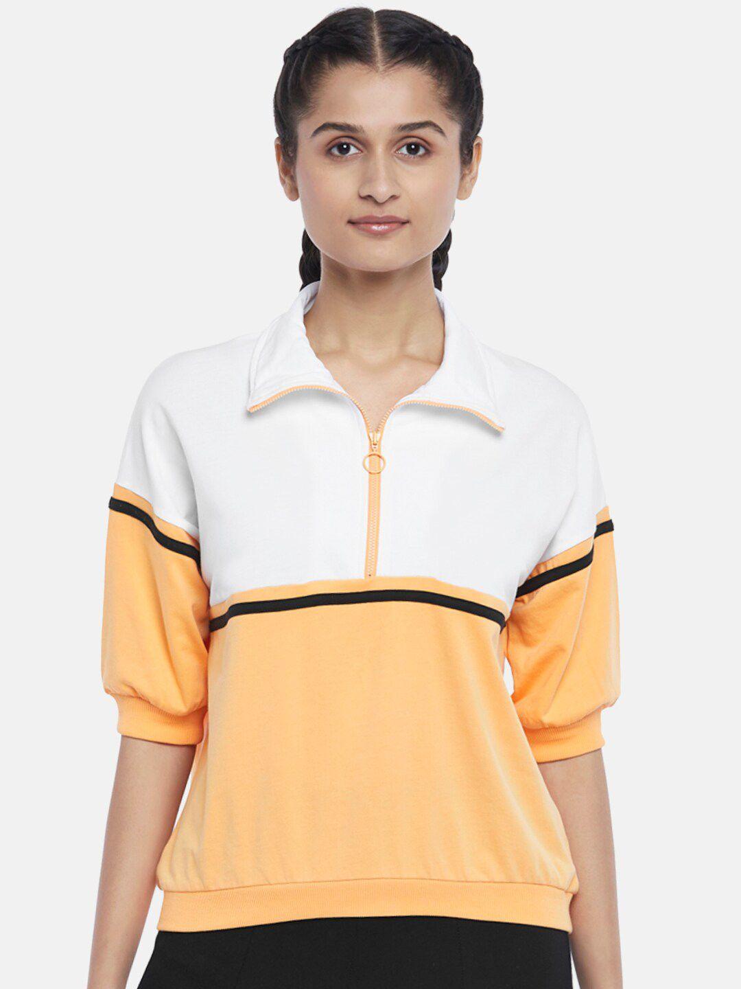 ajile by pantaloons women orange & white colourblocked polo collar loose t-shirt