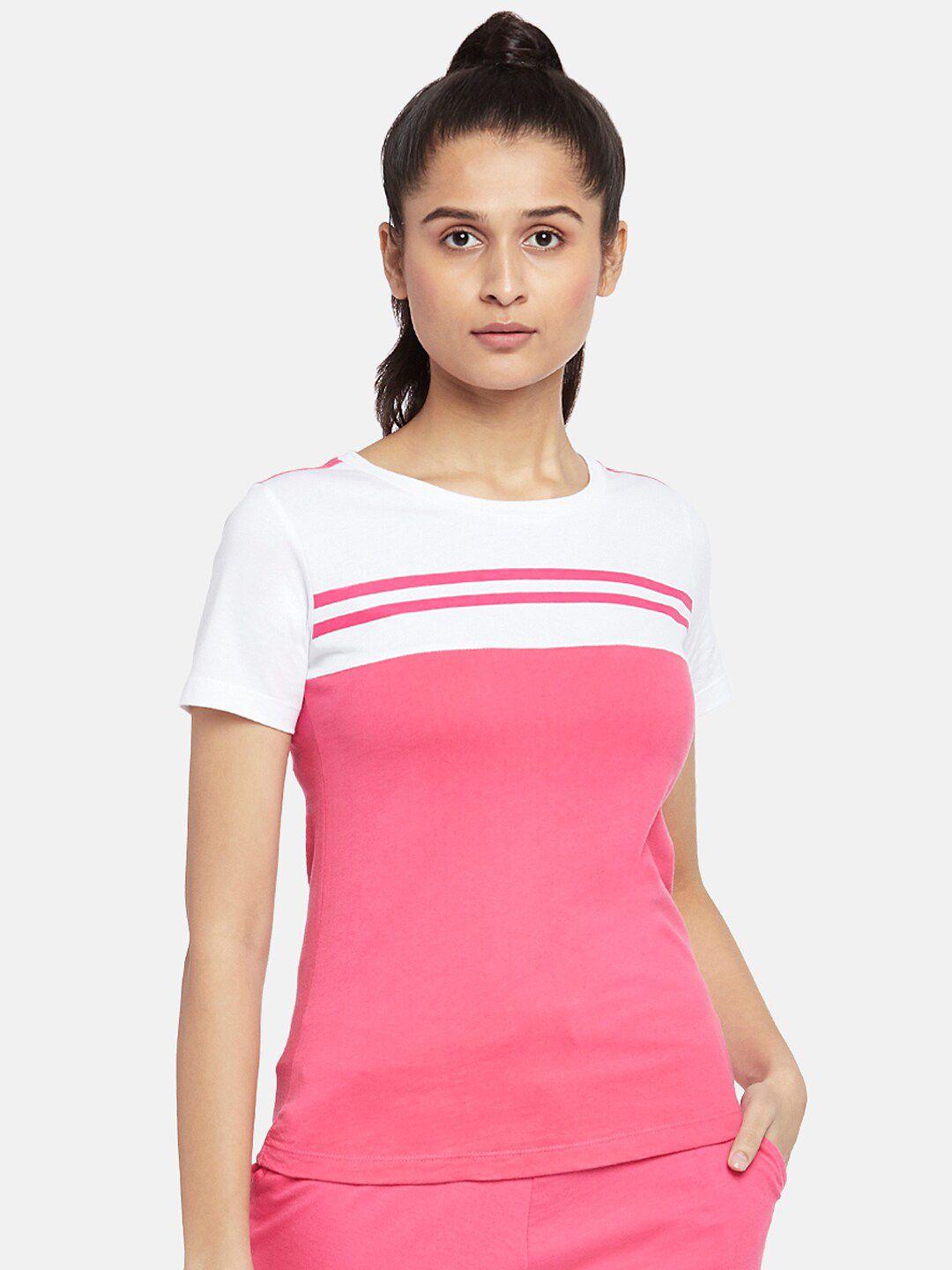 ajile by pantaloons women pink & white colourblocked cotton t-shirt