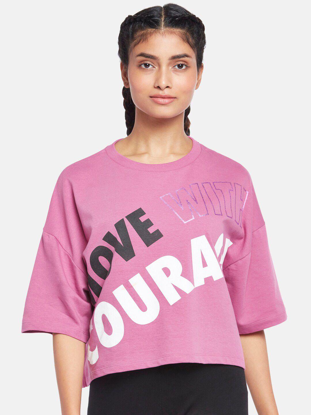 ajile by pantaloons women pink typography print extended sleeves boxy top