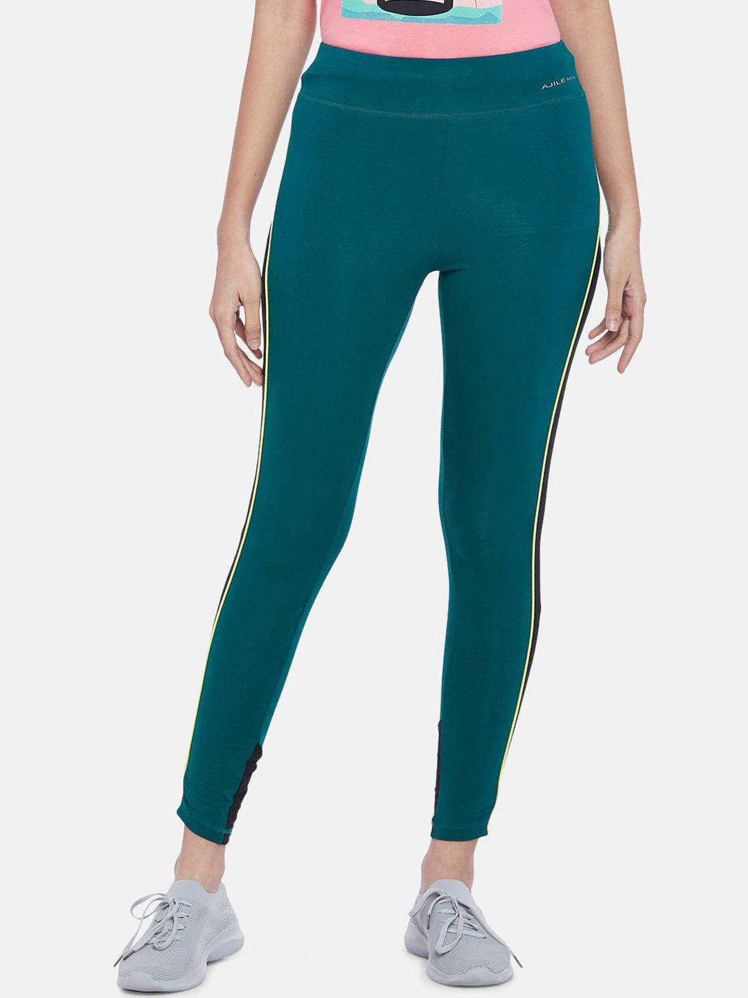 ajile by pantaloons women teal green solid ankle-length sports tights