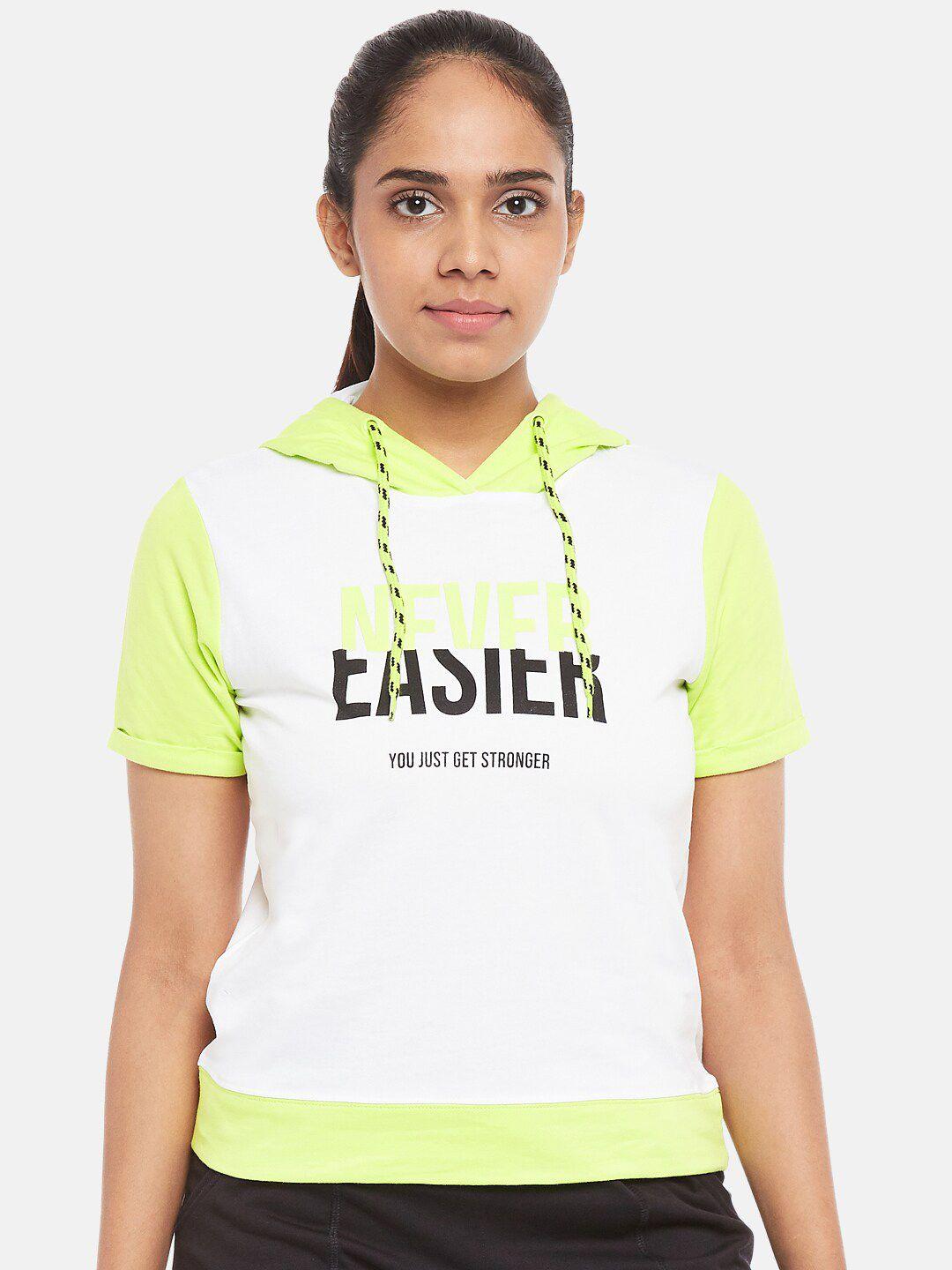 ajile by pantaloons women white & green typography pure cotton printed t-shirt