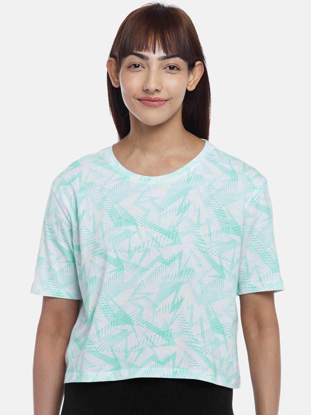 ajile by pantaloons women white and green abstract print short sleeves cotton t shirt