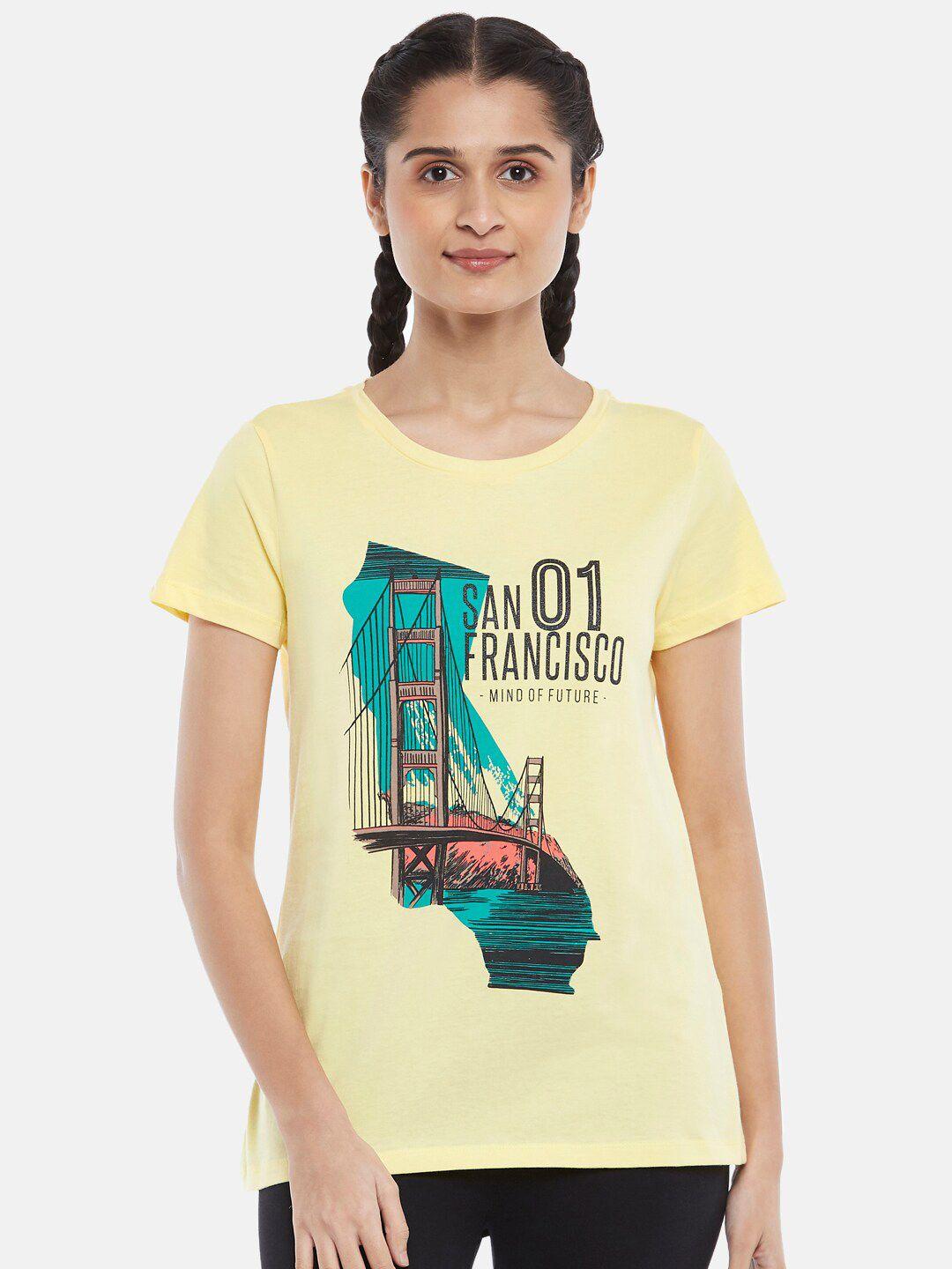 ajile by pantaloons women yellow & sea green printed pure cotton t-shirt