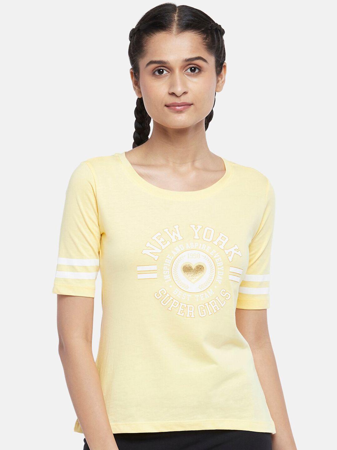 ajile by pantaloons women yellow typography printed outdoor cotton t-shirt