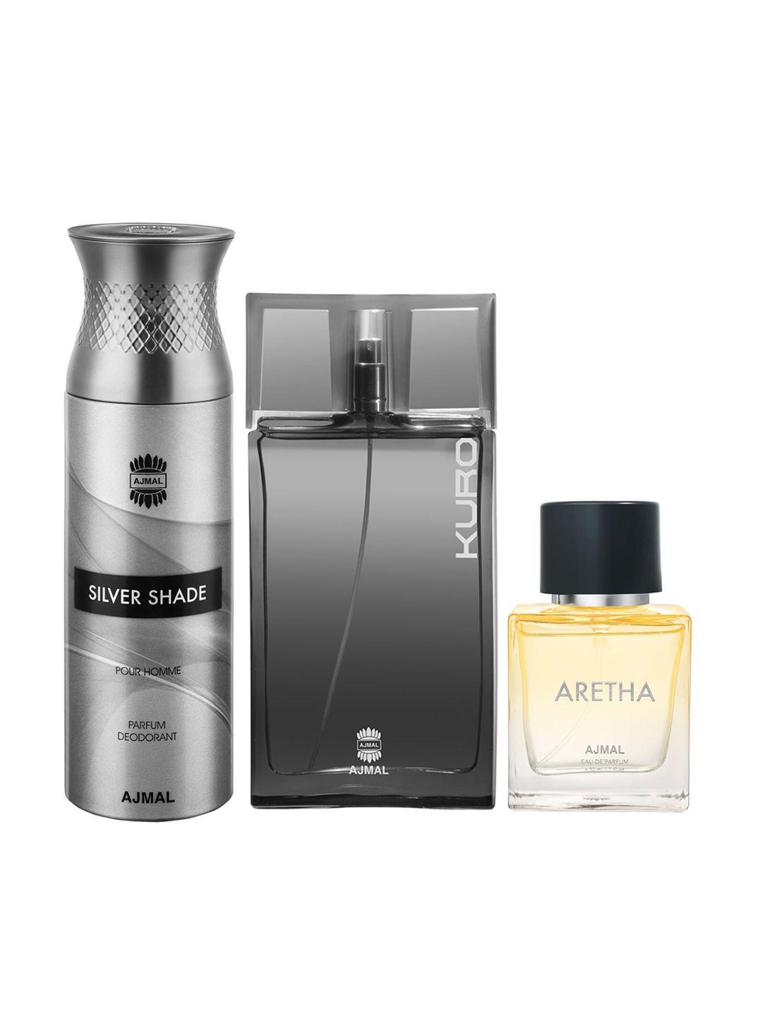 ajmal kuro eau de parfum 90 ml + men silver shade deo 200 ml + aretha eau de parfum 50 ml