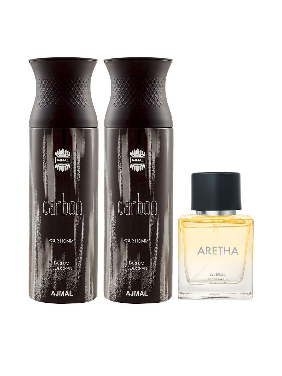ajmal men 2 carbon deodorant 200 ml each & aretha eau de parfum 50 ml