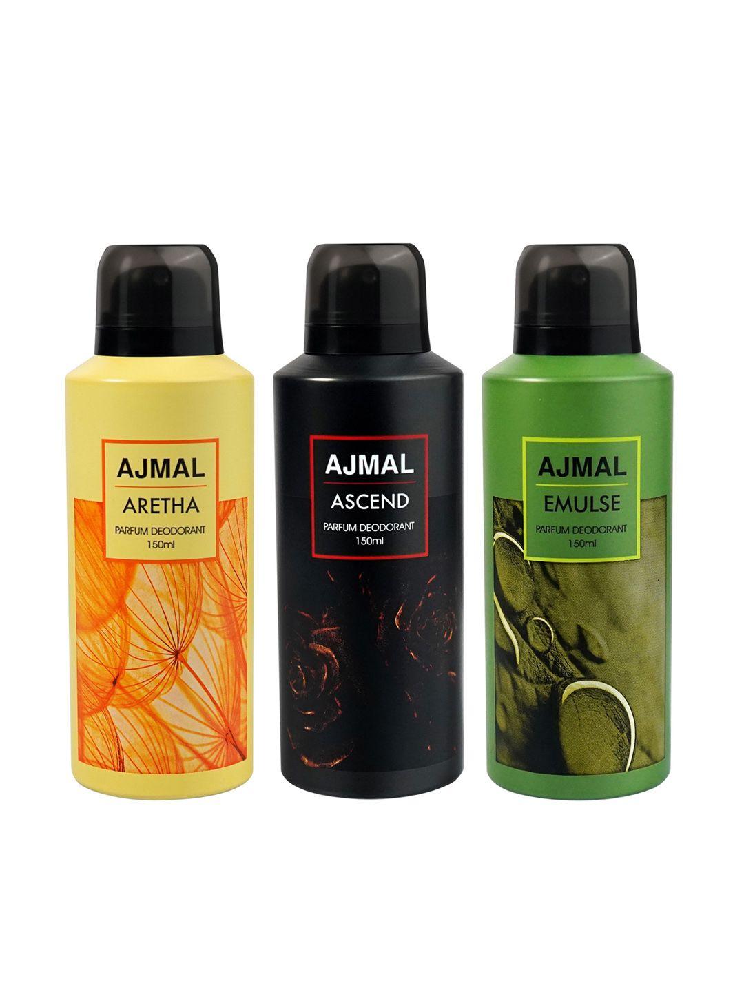 ajmal set of 3 aretha + ascend + emulse long lasting perfume deodorant - 150 ml each