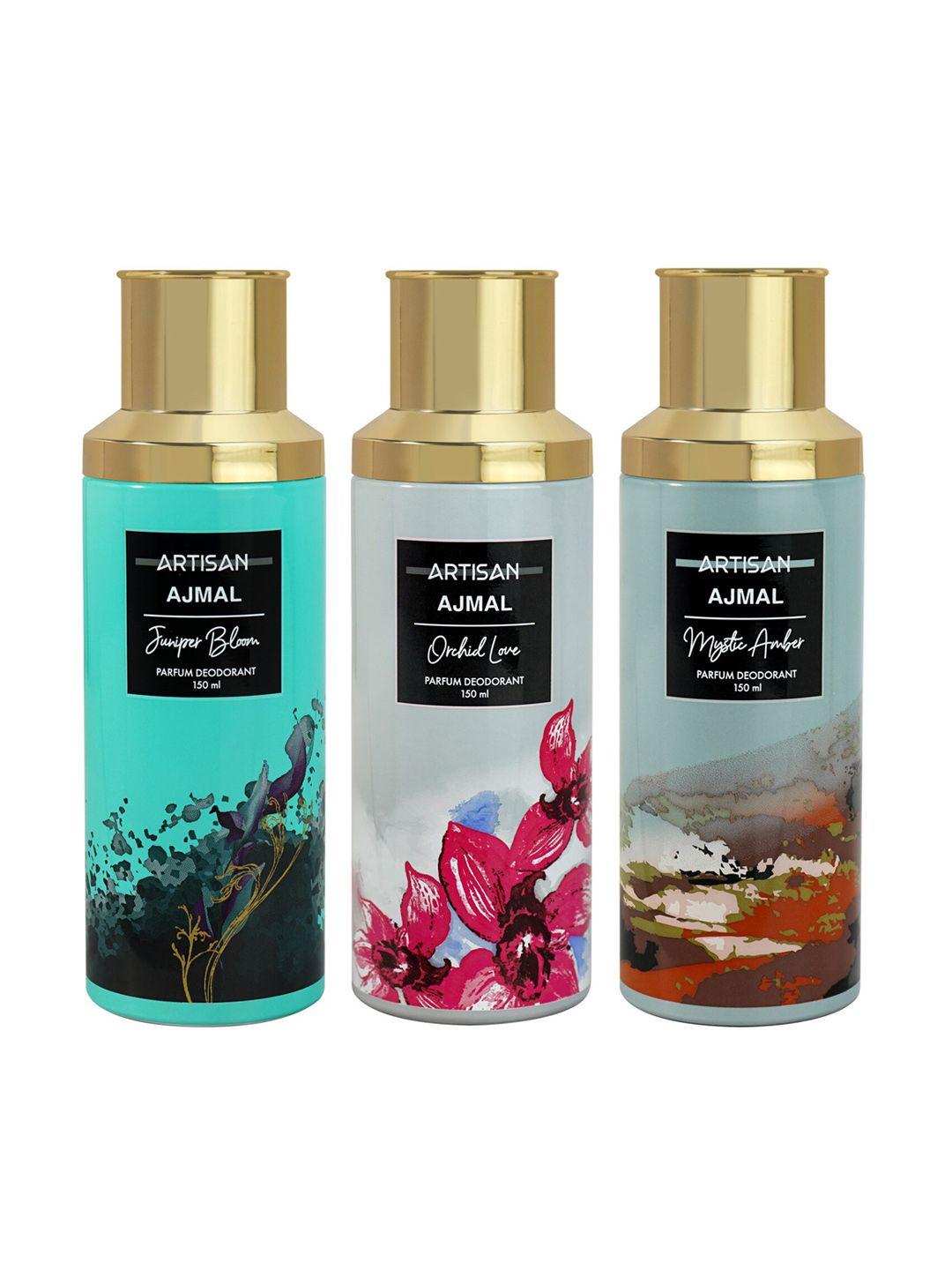 ajmal set of 3 artisan deodorant- juniper bloom + mystic amber + orchid love - 150ml each