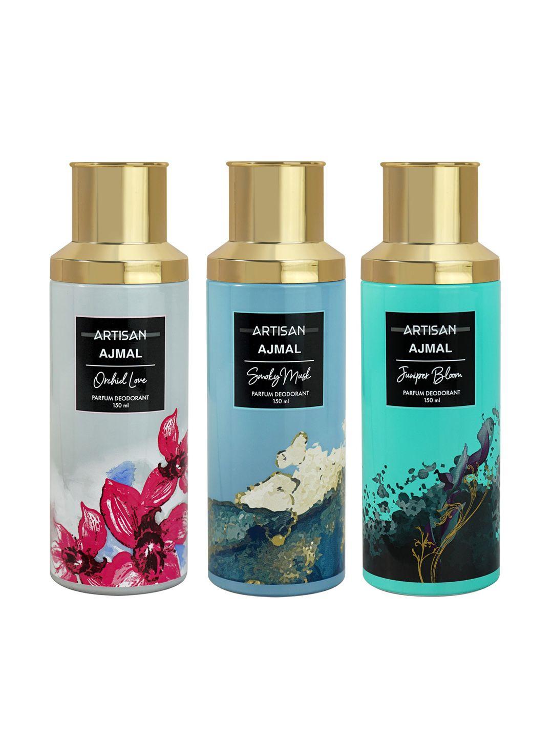 ajmal set of 3 artisan deodorants - smoky musk + juniper bloom + orchid love - 150ml each