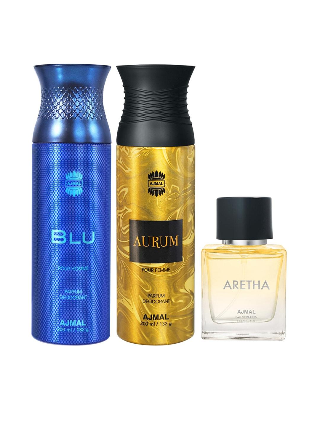 ajmal set of 3 blu homme deodorant, aurum femme deodorant & aretha edp 450ml
