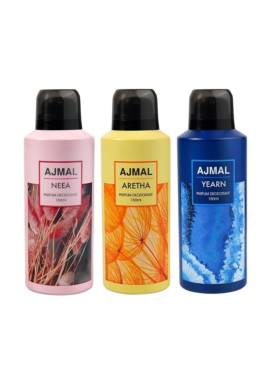ajmal set of 3 neea + aretha + yearn long lasting perfume deodorant - 150 ml each