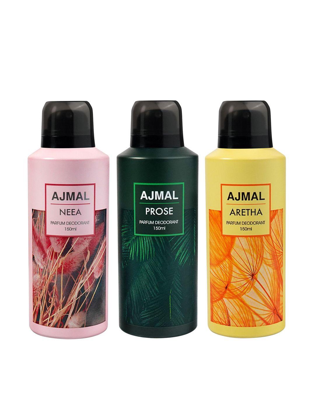 ajmal set of 3 neea + prose + aretha long lasting perfume deodorant - 150 ml each